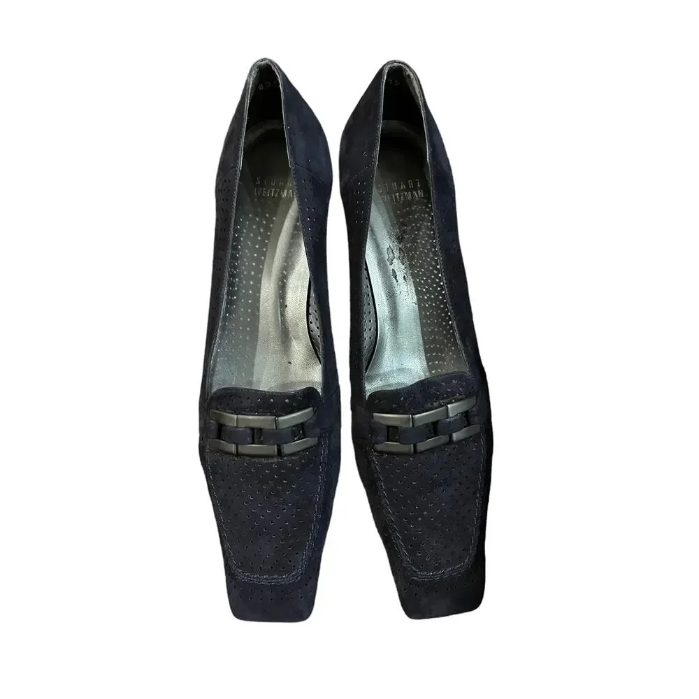Stuart Weitzman Dark Navy and Black Suede Square Toe Pump 8.5